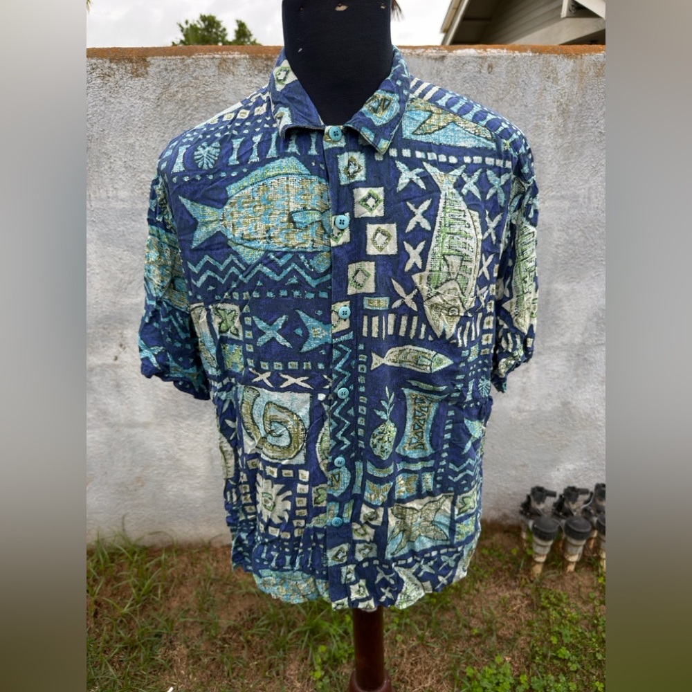 PreOwned Jams World Hawaiian Print Blue/Green Full Button Men's Large